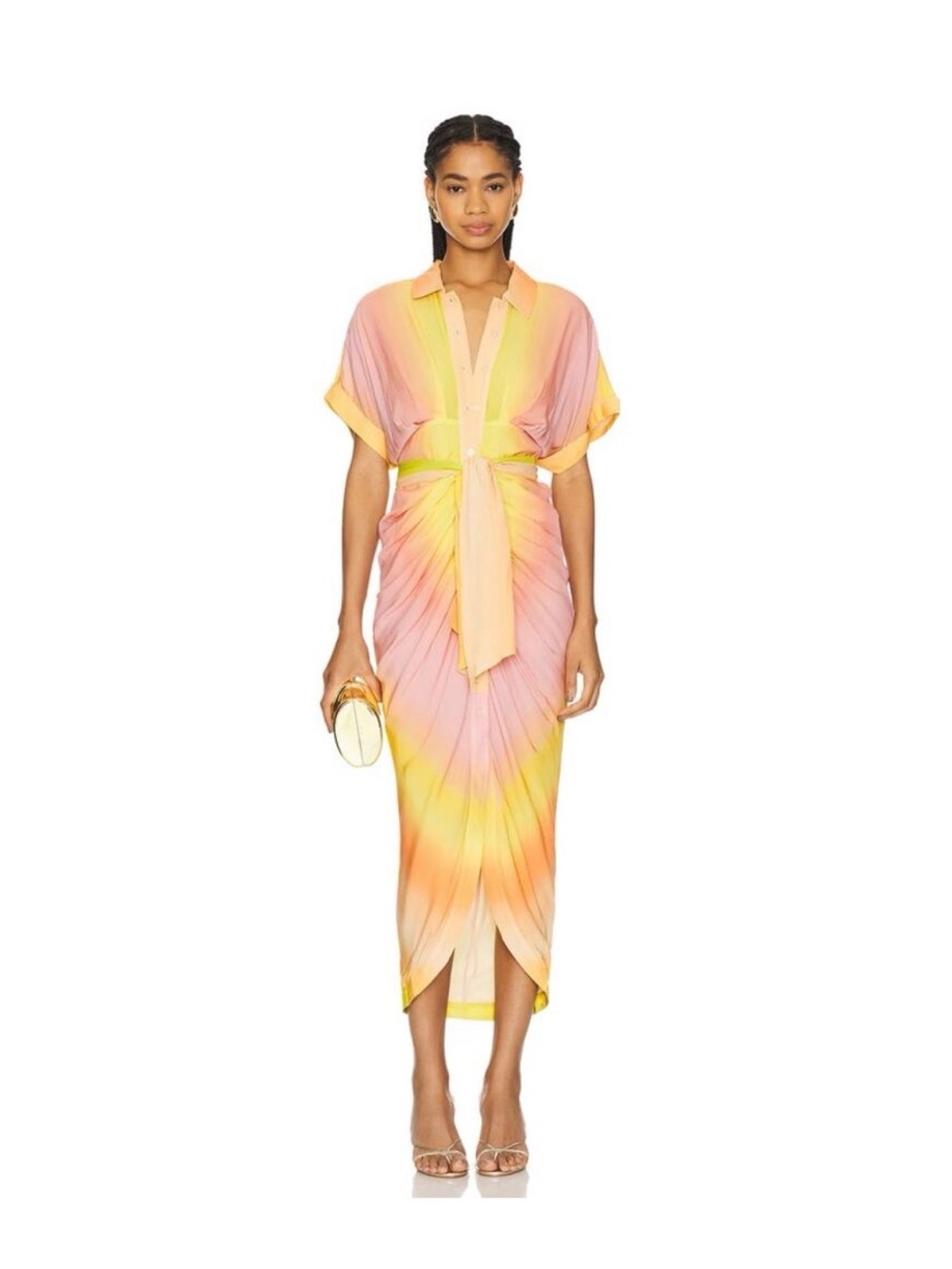 Tie-Waist Miko Ombre Midi Dress in Pink and Yellow